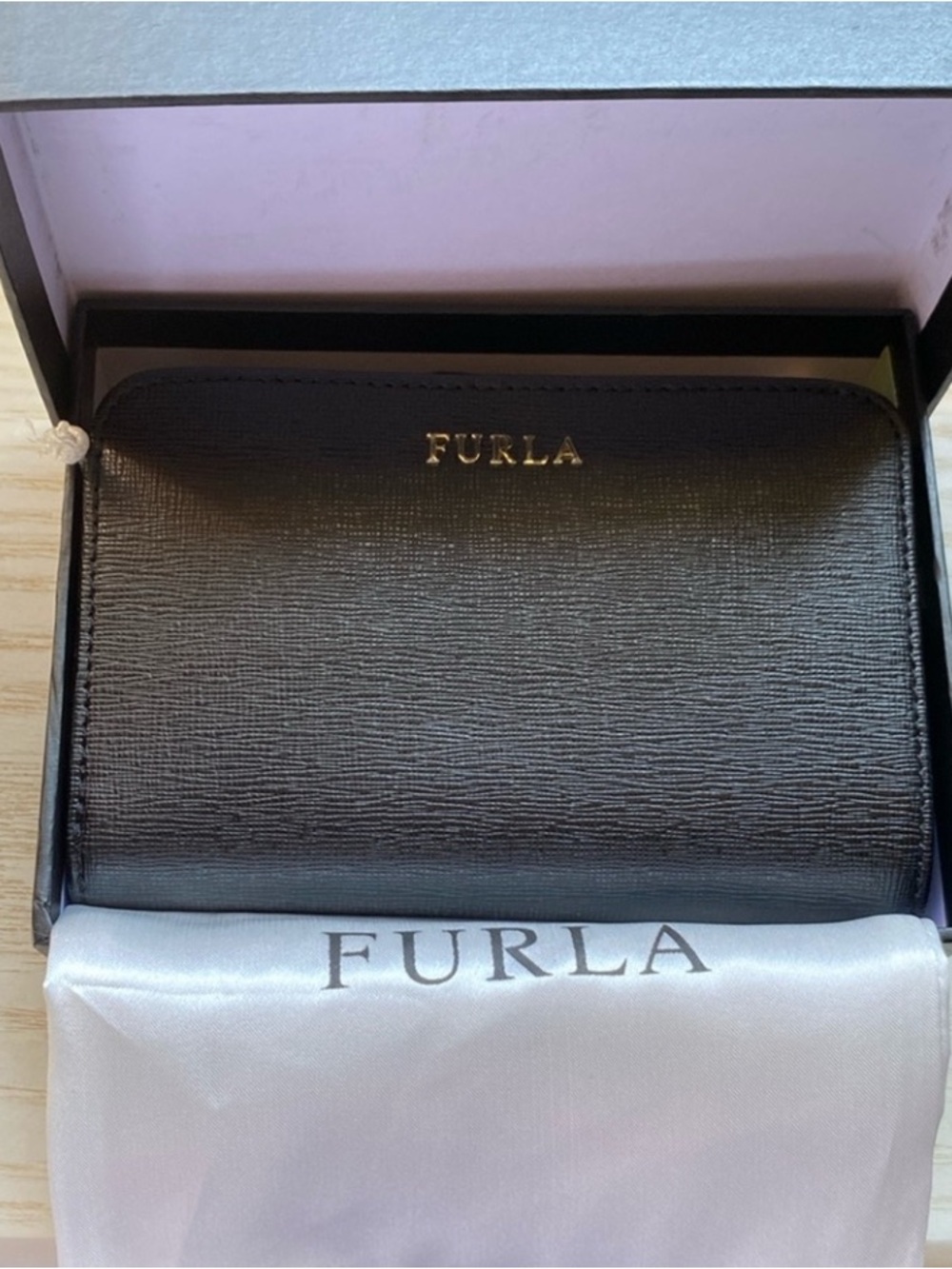 FURLA Babylon Black Saffiano Zip-Around Card Wallet with Gold Logo NWT